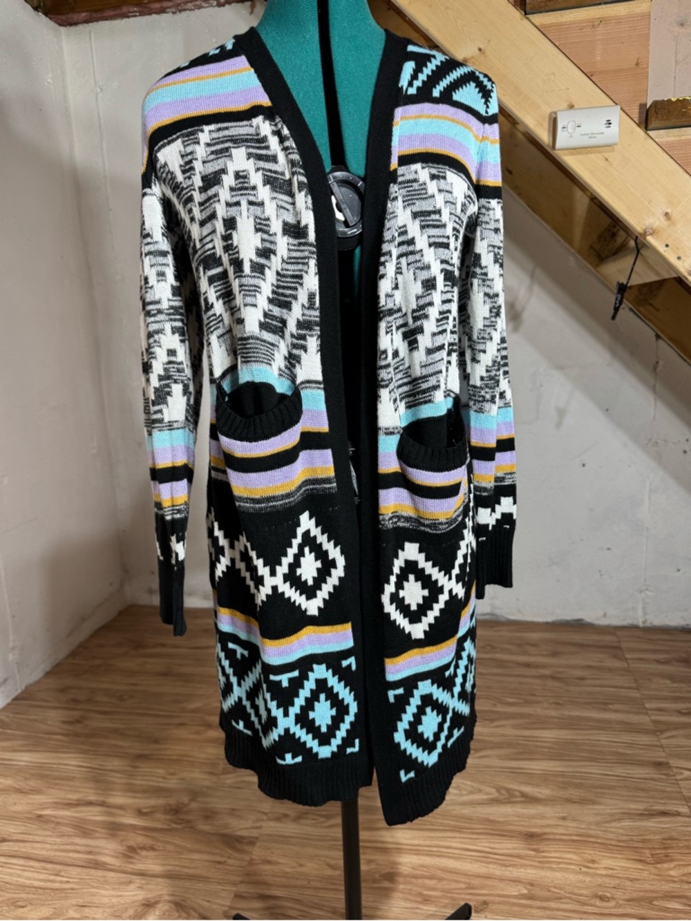 No Boundaries Patterned Open-Front Cardigan Sweater in Black, White & Pastel - Picture 9 of 11